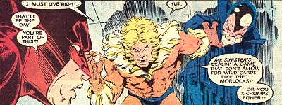 Figure 2: …and Sabretooth further tells Wolverine that Mr. Sinister is playing a game that doesn't allow for "wild cards" like the Morlocks (Uncanny X-Men #212, p.?)