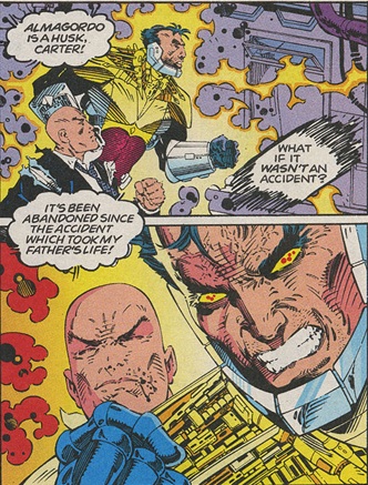 Figure 10: The investigators labeled the death of Brian Xavier while working at the research station at Almagordo, New Mexico as an accident (X-Men v2 #13, p.4)