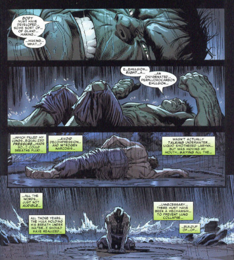 Figure 9: Among Hulks already impressive ability to channel anger into almost limitless strength, he can also heal from any wound, is almost impervious to damage and has shown the ability to adapt to breathing underwater and survival in the complete vacuum of space. For all intents and purposes he is a evolutionary hyper-Adaptoid