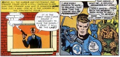 Reed acknowledging a higher power from Fantastic Four #1 and #78 respectively