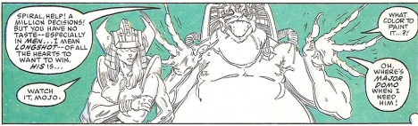 Mojo often made fun of Spiral's feelings for Longshot, including here from Longshot #6